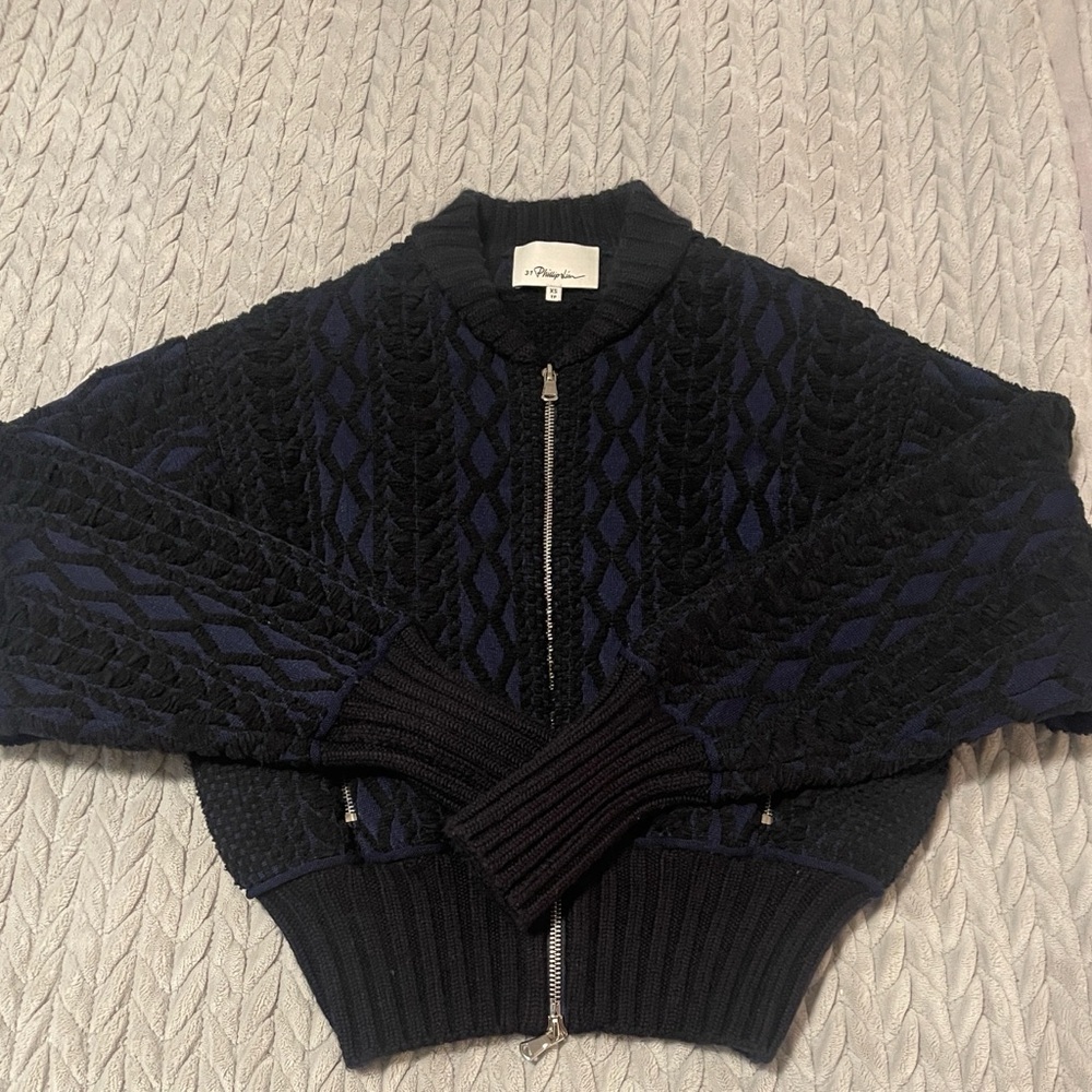 3.1 Phillip Lim Black and Navy Textured Bomber Jacket - Picture 9 of 14